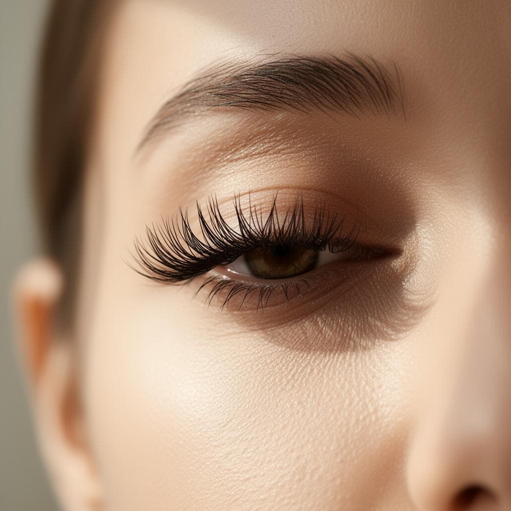 A single eye in profile, lashes built one fibre at a time